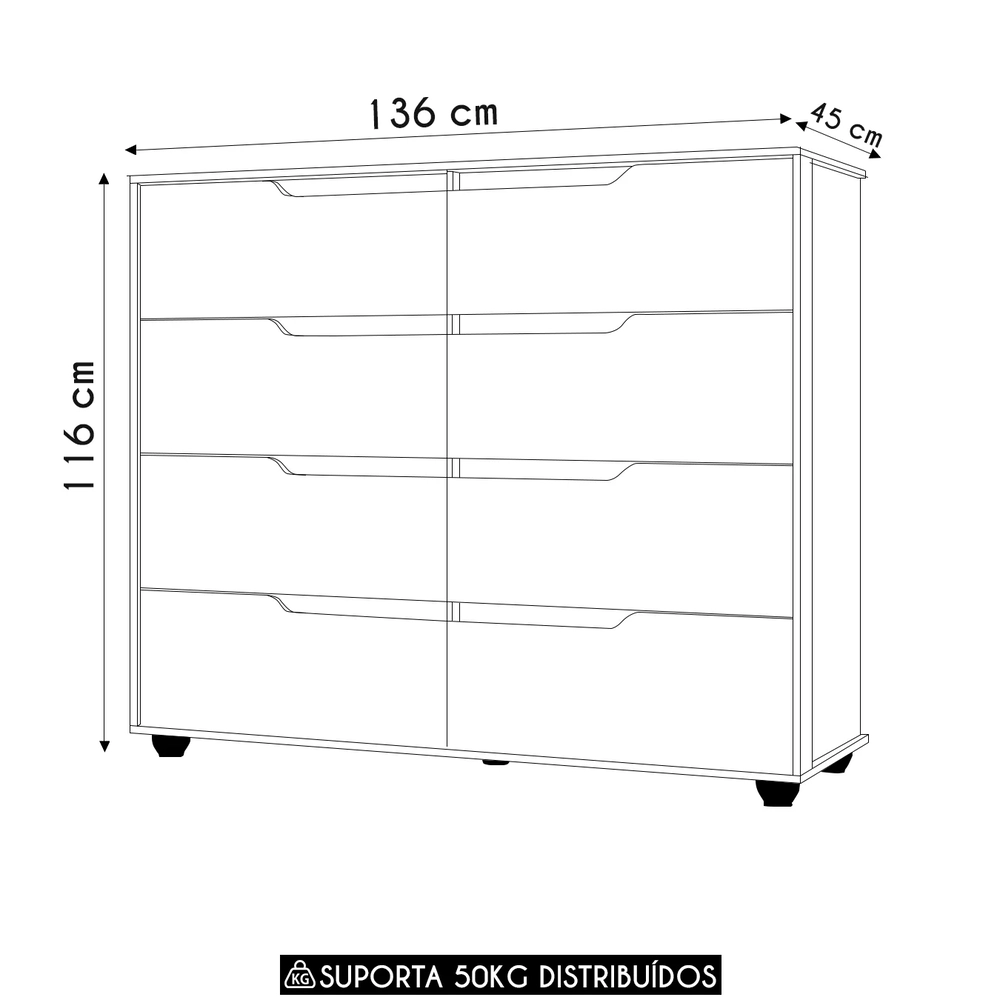 Cômoda Para Quarto 8 Gavetas 136cm Doble Flex Freijó/Titanium - Albatroz