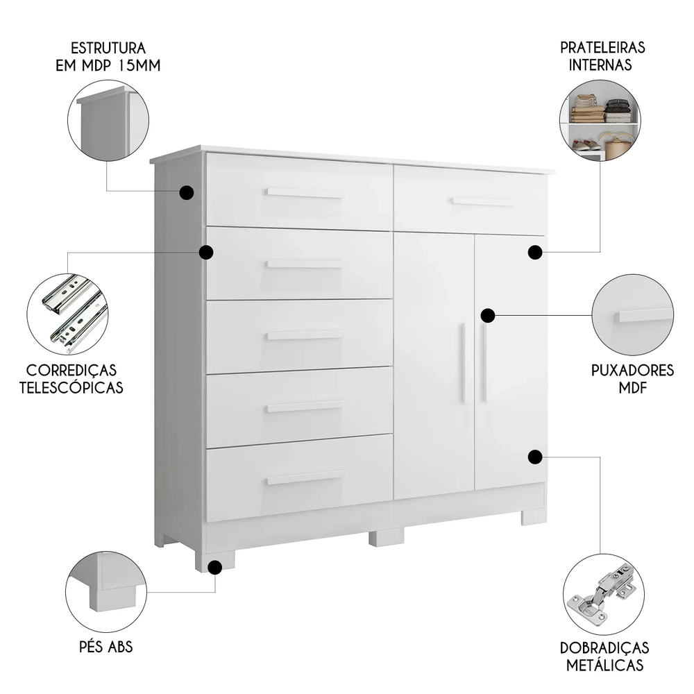 Cômoda Para Quarto 2 Portas 124cm Ester A02 Branco          - Mpozenato
