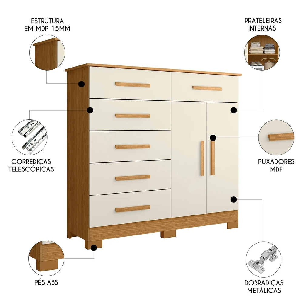 Cômoda Para Quarto 2 Portas 124cm Ester A02 Off/Cinamomo    - Mpozenato