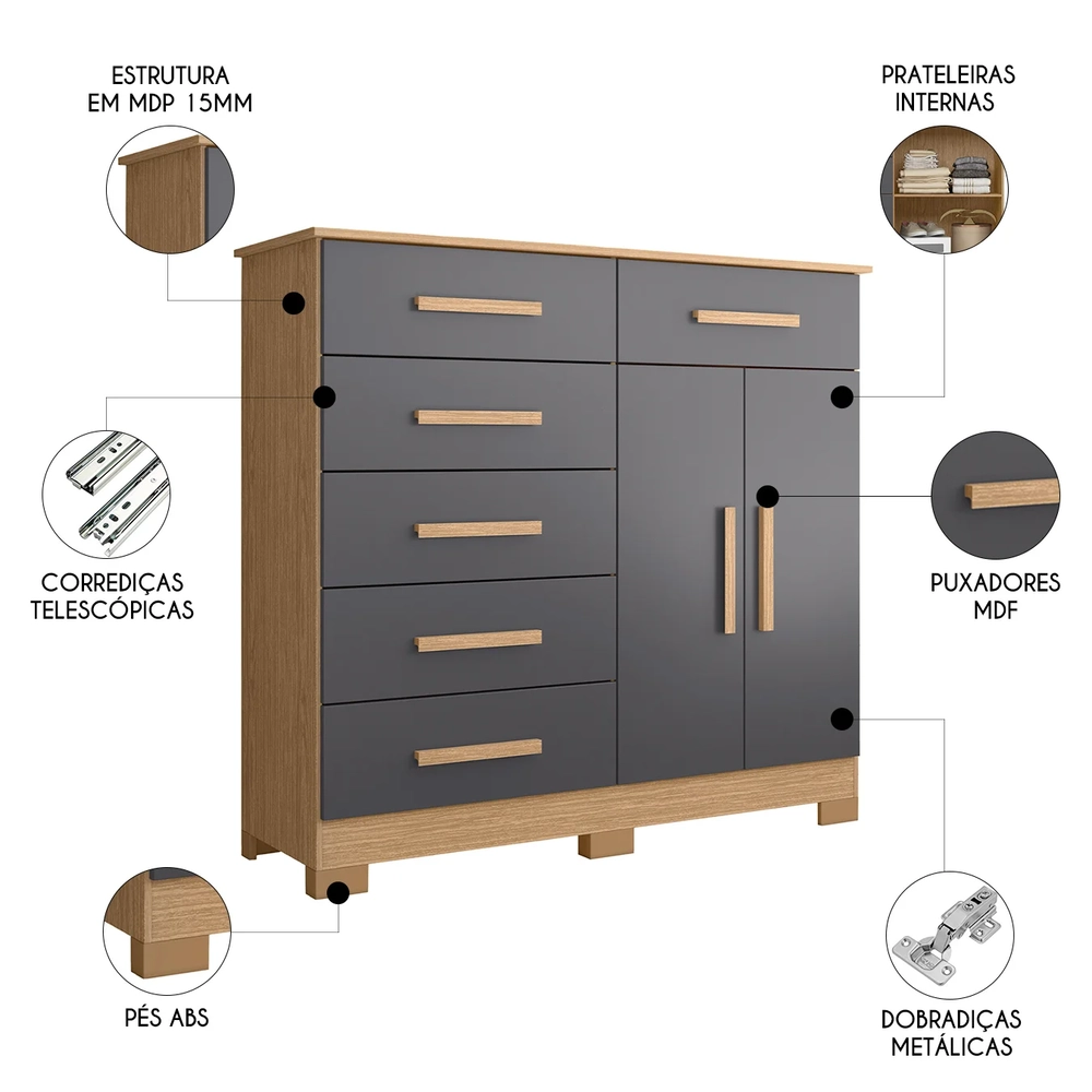 Cômoda Para Quarto 2 Portas 124cm Ester A02 Freijó/Titanium - Mpozenato