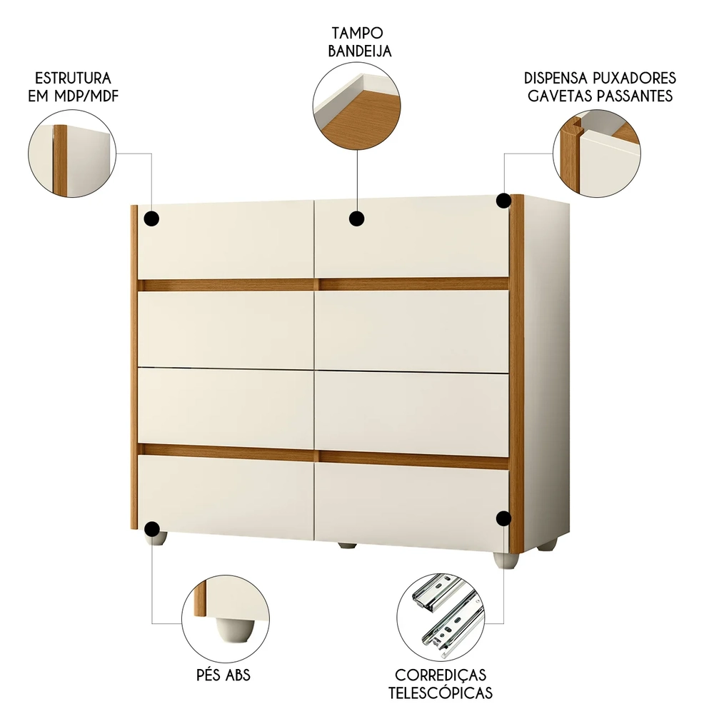 Cômoda Para Quarto 8 Gavetas 120cm Lynd A02 Off/Cinamomo    - Mpozenato