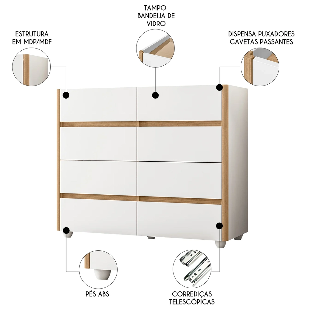 Cômoda Para Quarto 120cm Tampo Vidro Lynd A02 Branco/Freijó - Mpozenato