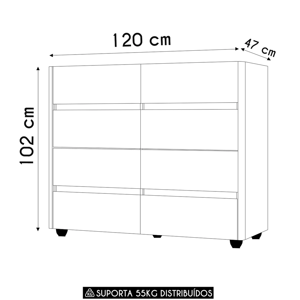 Cômoda Para Quarto 8 Gavetas 120cm Lynd A02 Branco/Freijó   - Mpozenato