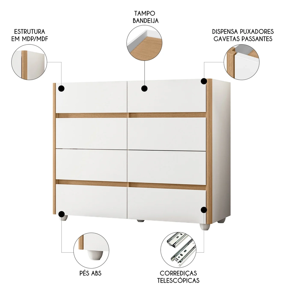 Cômoda Para Quarto 8 Gavetas 120cm Lynd A02 Branco/Freijó   - Mpozenato