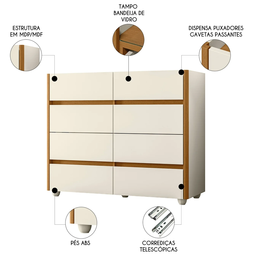 Cômoda Para Quarto 120cm Tampo Vidro Lynd A02 Off/Cinamomo  - Mpozenato