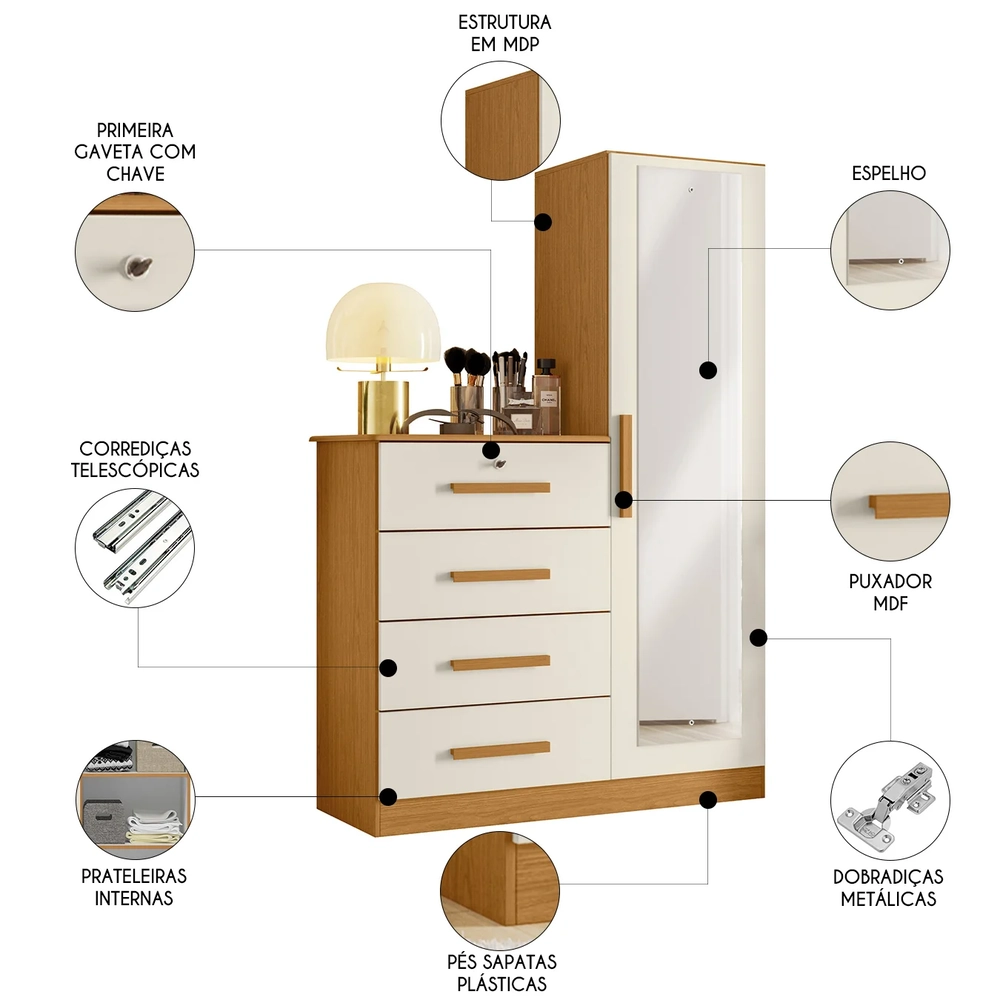 Cômoda Para Quarto 109cm 1 Porta Belize Plus Off/Cinamomo   - Albatroz