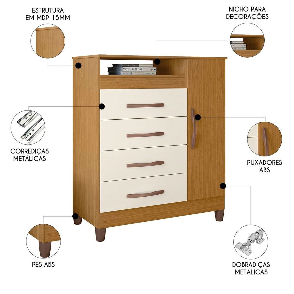 Cômoda Para Quarto 1 Porta 84cm Franci A02 Off/Cinamomo     - Mpozenato