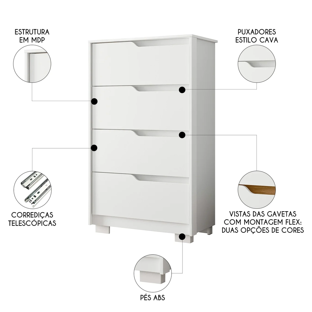 Cômoda Para Quarto 4 Gavetas 70cm Sole Flex Branco/Freijó   - Albatroz