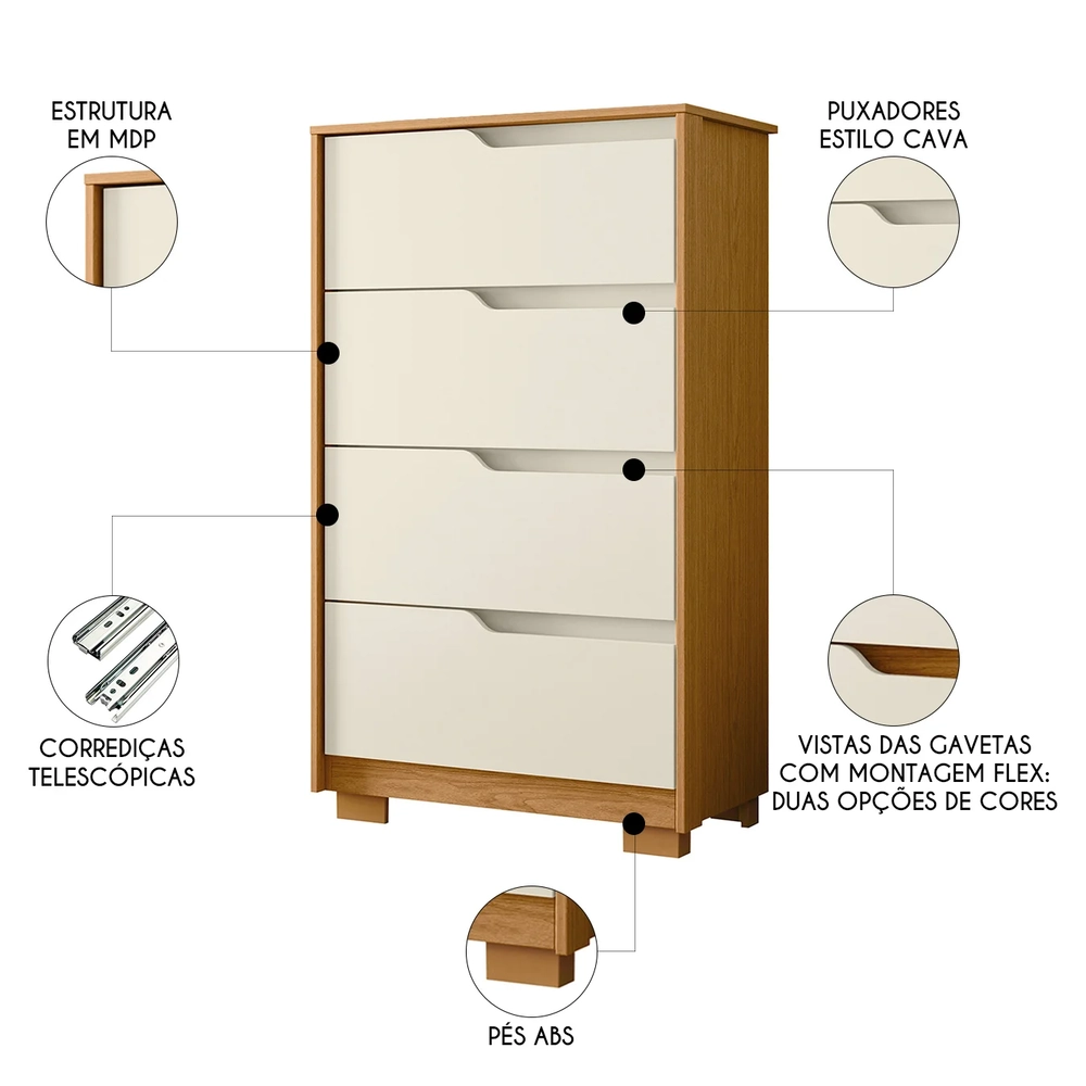 Cômoda Para Quarto 4 Gavetas 70cm Sole Flex Off/Cinamomo    - Albatroz