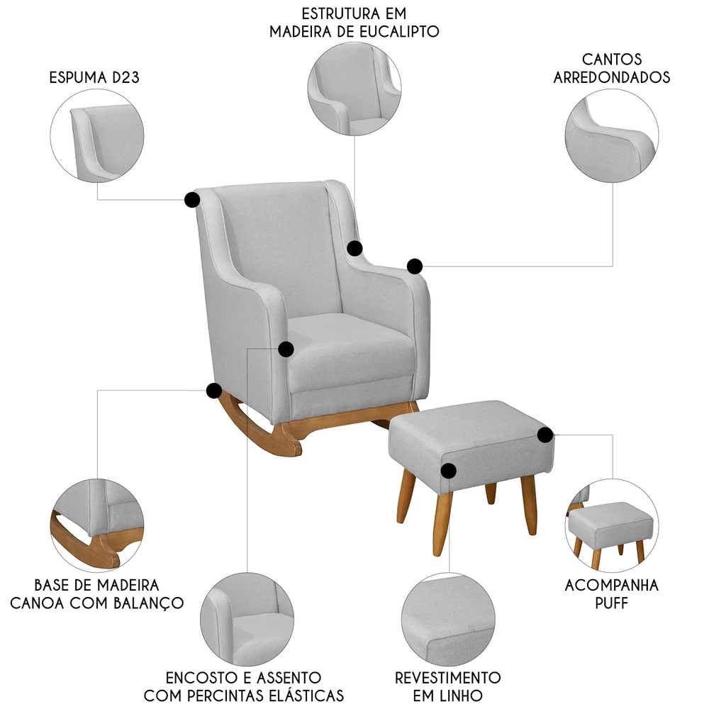 Poltrona Amamentação Base Balanço e Puff Vick Linho Cinza F03 - Mpozenato