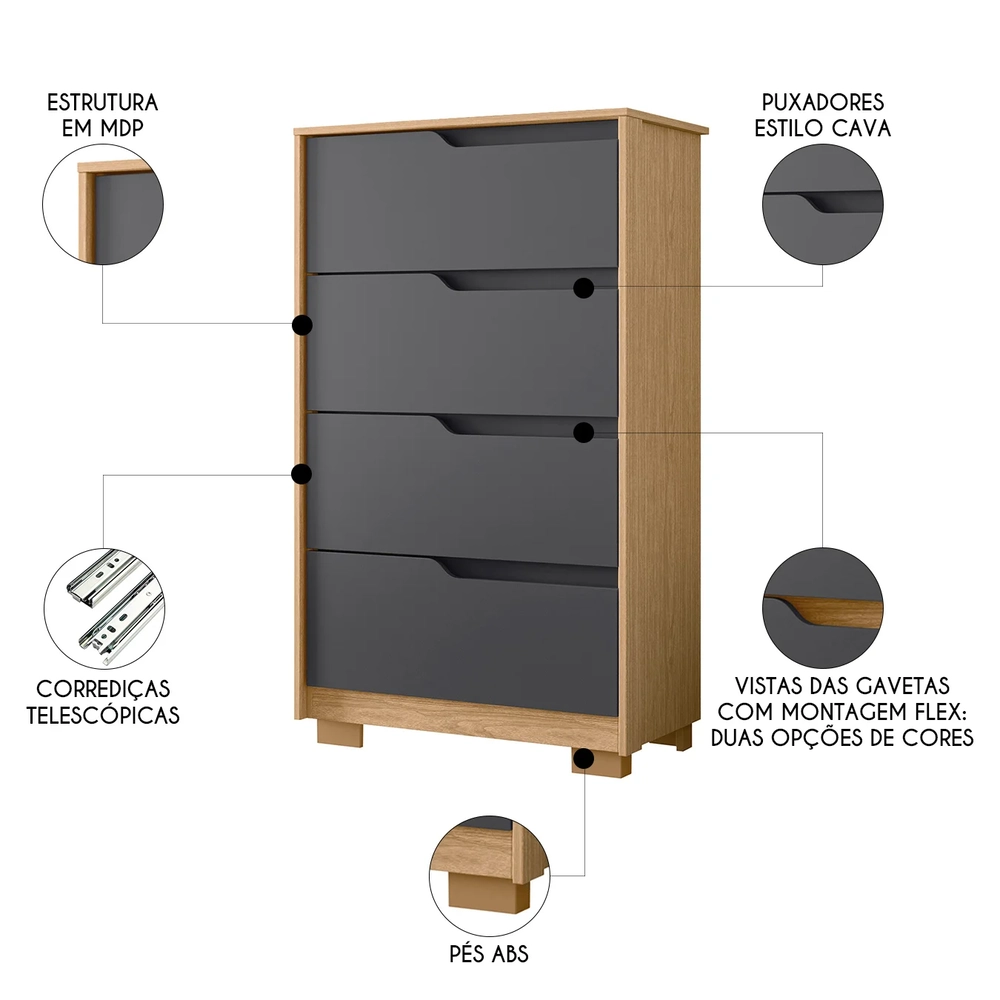 Cômoda Para Quarto 4 Gavetas 70cm Sole Flex Freijó/Titanium - Albatroz