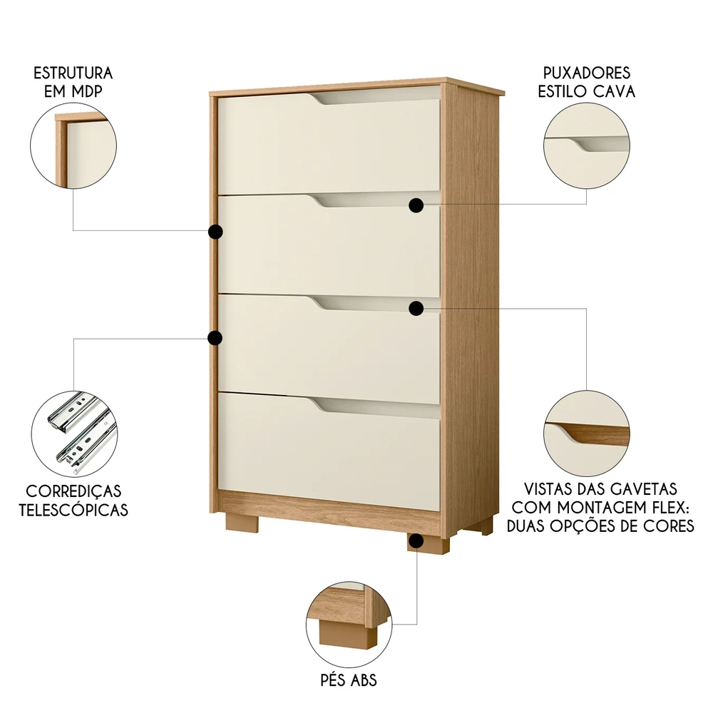 Cômoda Para Quarto 4 Gavetas 70cm Sole Flex Off/Freijó      - Albatroz