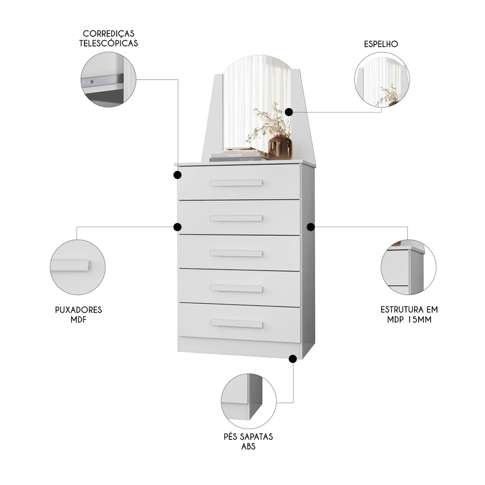 Cômoda Para Quarto Com Penteadeira Laris A02 Branco         - Mpozenato