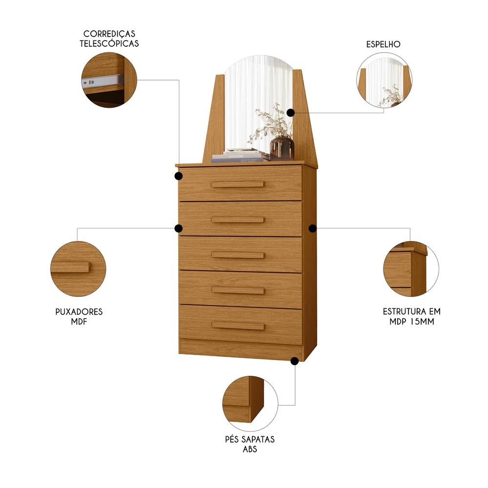 Cômoda Para Quarto Com Penteadeira Laris A02 Cinamomo       - Mpozenato