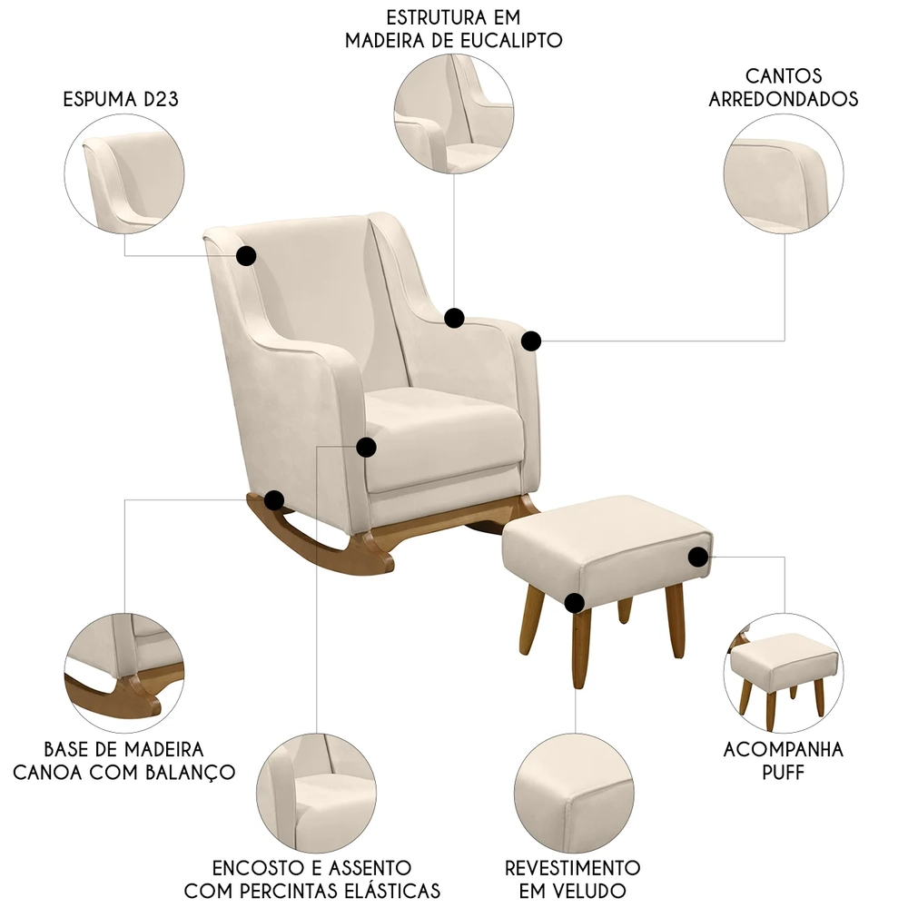 Poltrona Amamentação Base Balanço e Puff Vick Veludo Off F03 - Mpozenato