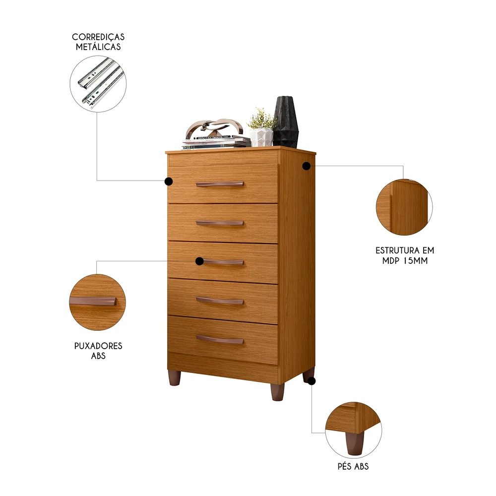 Cômoda Para Quarto 5 Gavetas 56cm Thais A02 Off/Cinamomo    - Mpozenato