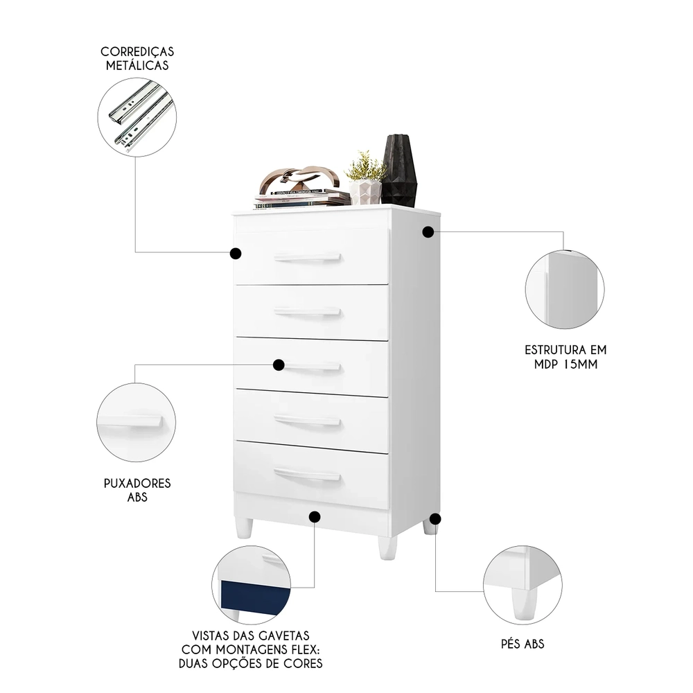 Cômoda Para Quarto 5 Gavetas 56cm Thais Flex A02 Branco     - Mpozenato
