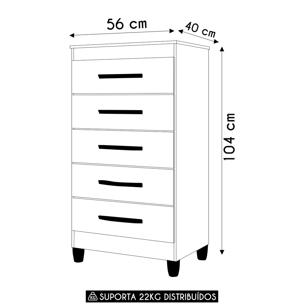 Cômoda Para Quarto 5 Gavetas 56cm Thais Flex A02 Branco     - Mpozenato