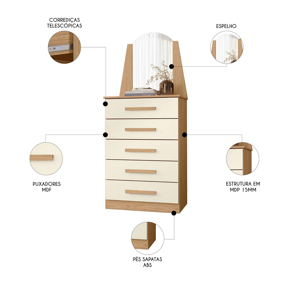 Cômoda Para Quarto Com Penteadeira Laris A02 Off/Freijó     - Mpozenato