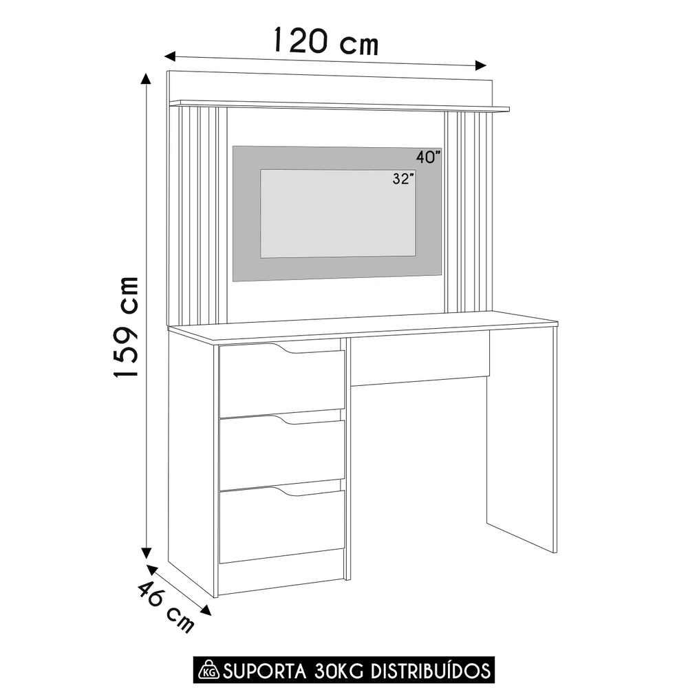 Mesa Escrivaninha 3 Gavetas Painel TV 40 Pol Doble Branco   - Albatroz