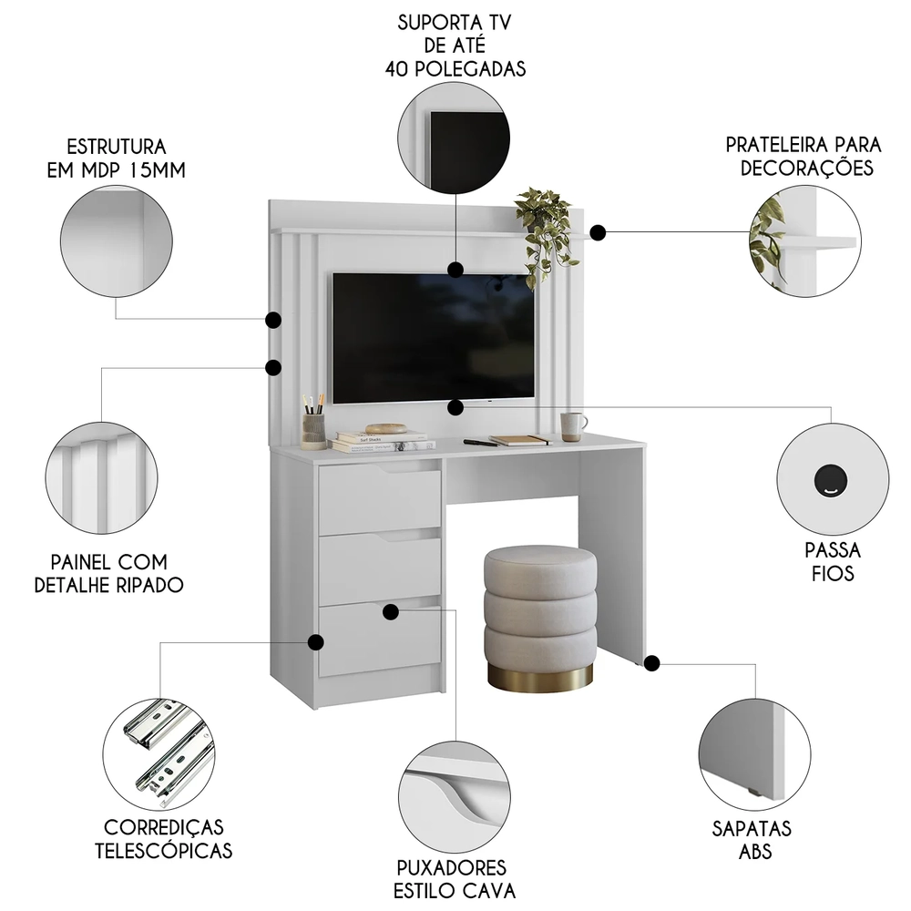 Mesa Escrivaninha 3 Gavetas Painel TV 40 Pol Doble Branco   - Albatroz