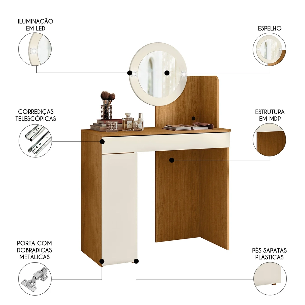 Penteadeira Camarim Escrivaninha com LED Sulla A02 Off/Cinamomo - Mpozenato