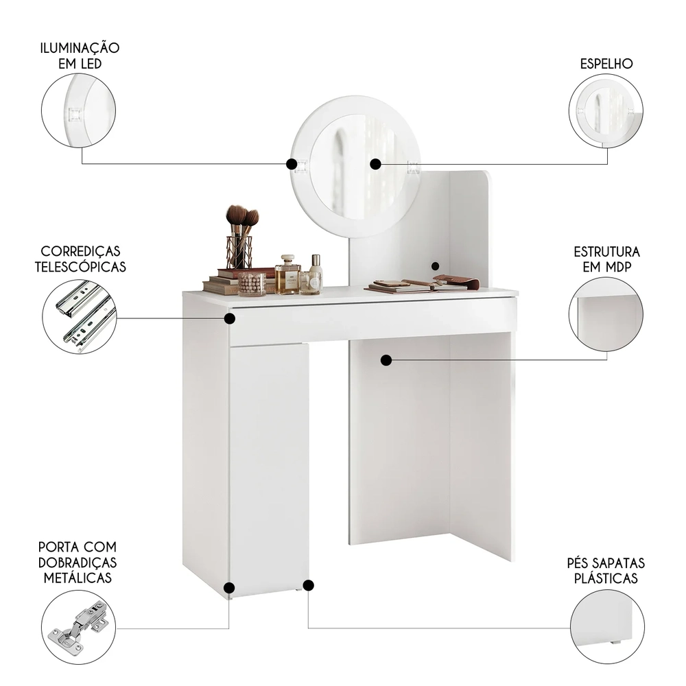Penteadeira Camarim Escrivaninha com LED Sulla A02 Branco   - Mpozenato