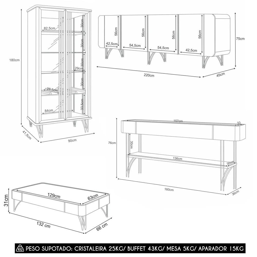 Buffet Aparador Cristaleira e Mesa de Centro Ester Off/Castanho - HB Móveis