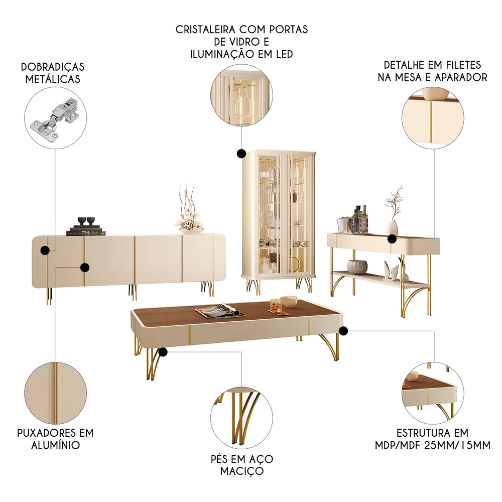 Buffet Aparador Cristaleira e Mesa de Centro Ester Off/Castanho - HB Móveis