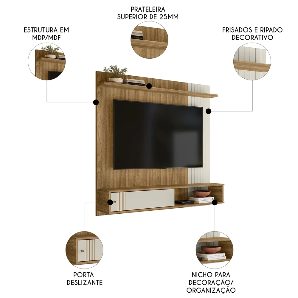 Painel TV 55 Pol e Bancada Suspensa Romeo Nature/Off Flex Z49 - Mpozenato