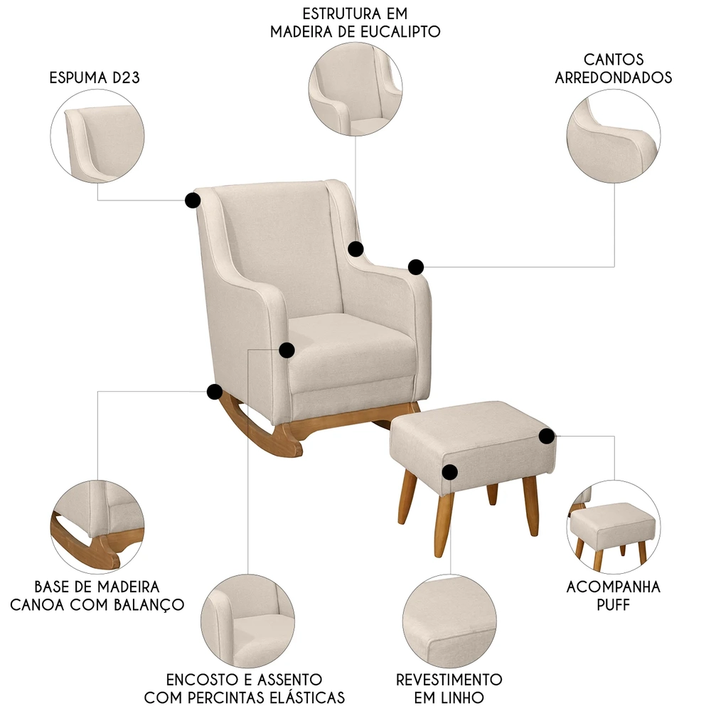 Poltrona Amamentação Base Balanço e Puff Vick Linho Bege F03 - Mpozenato