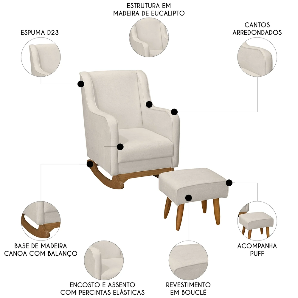 Poltrona Amamentação Base Balanço e Puff Vick Bouclê Off F03 - Mpozenato