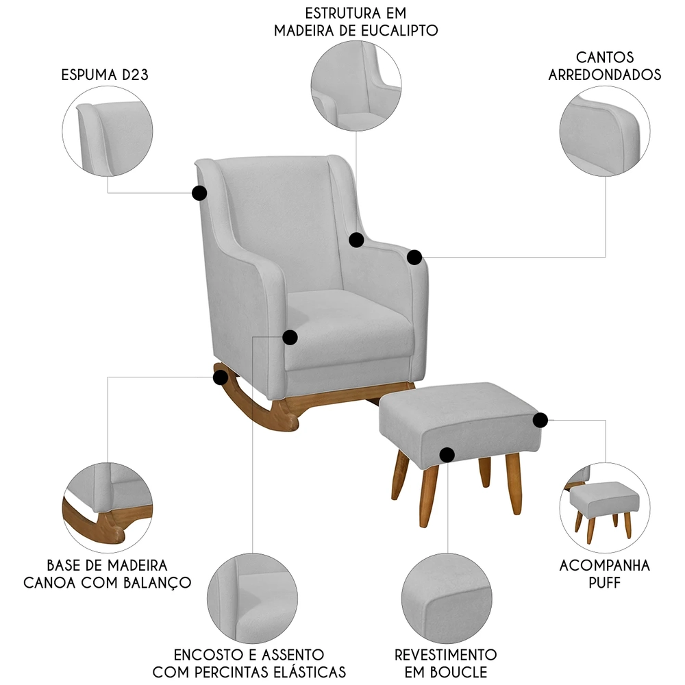 Poltrona Amamentação Base Balanço e Puff Vick Bouclê Cinza F03 - Mpozenato