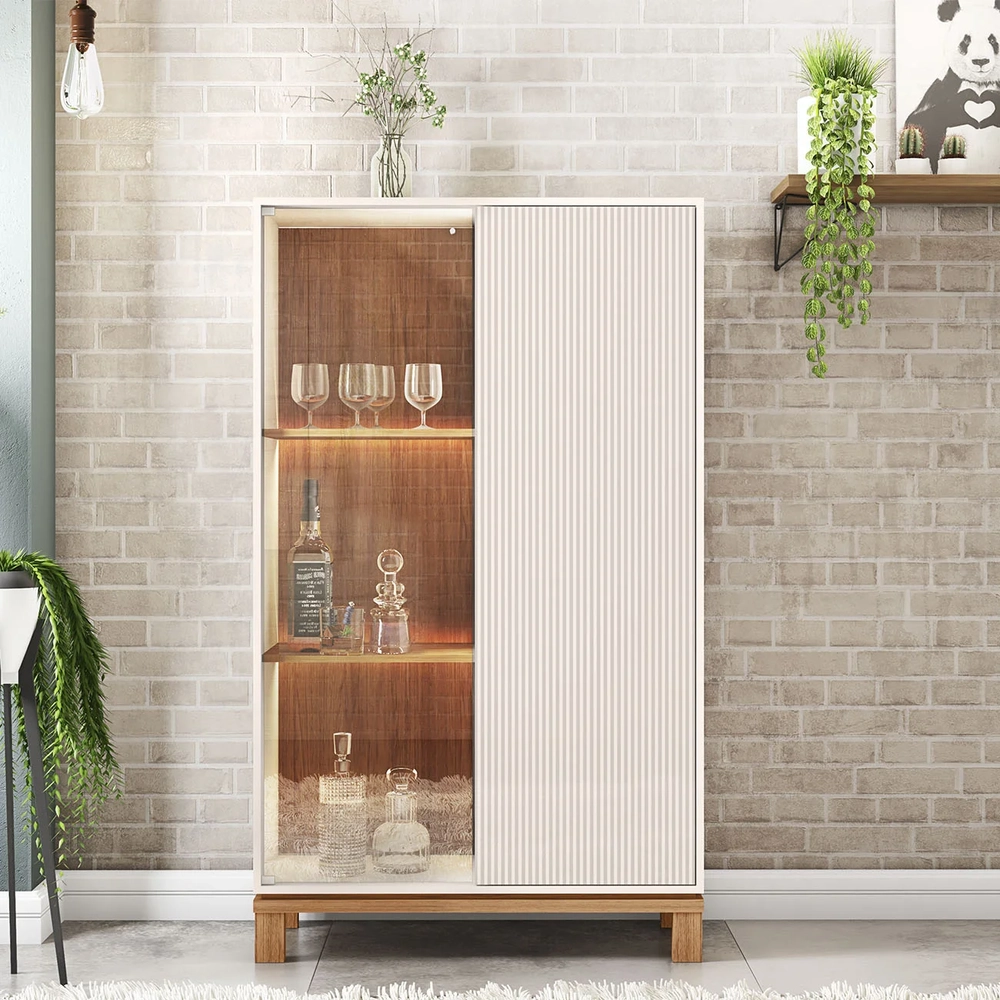 Cristaleira Porta de Vidro Com LED 90cm Lucca Off/Freijó C01 - Mpozenato