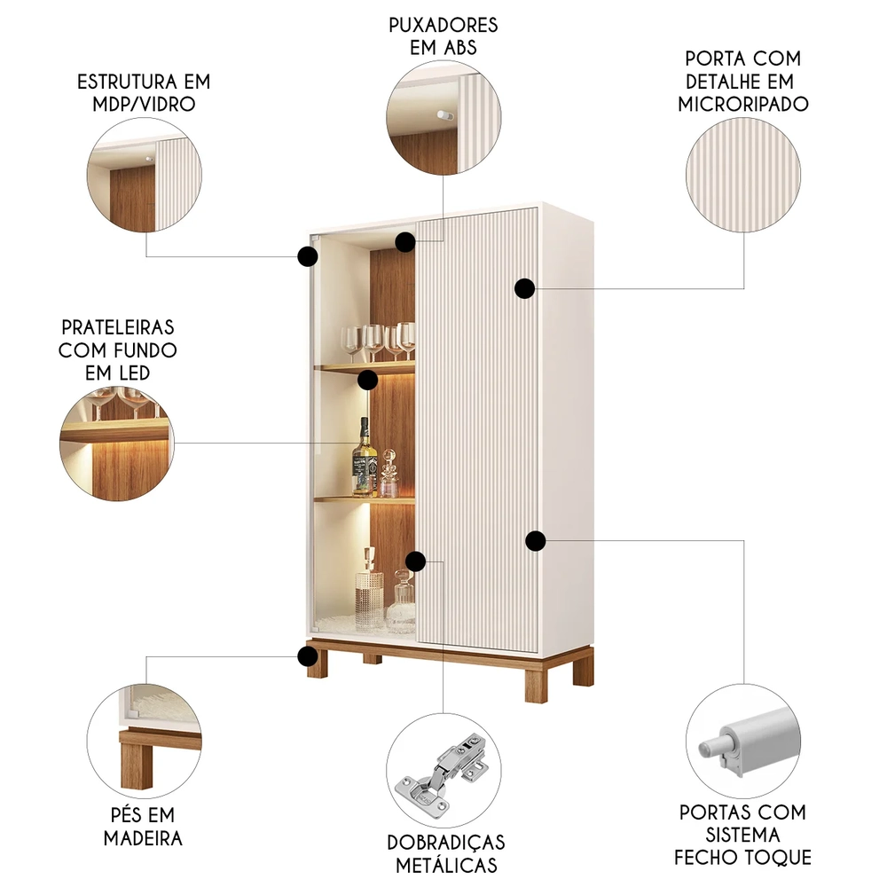 Cristaleira Porta de Vidro Com LED 90cm Lucca Off/Freijó C01 - Mpozenato