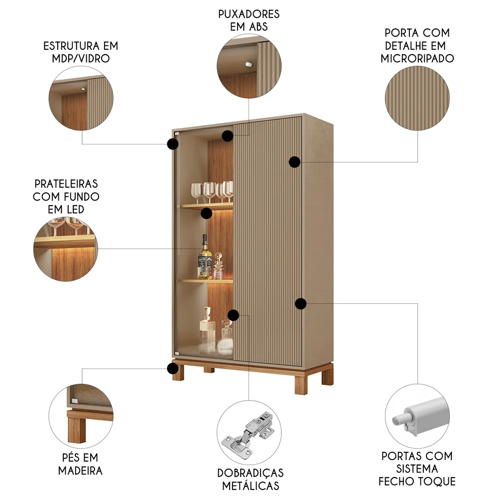 Cristaleira Porta de Vidro Com LED 90cm Lucca Areia/Freijó C01 - Mpozenato