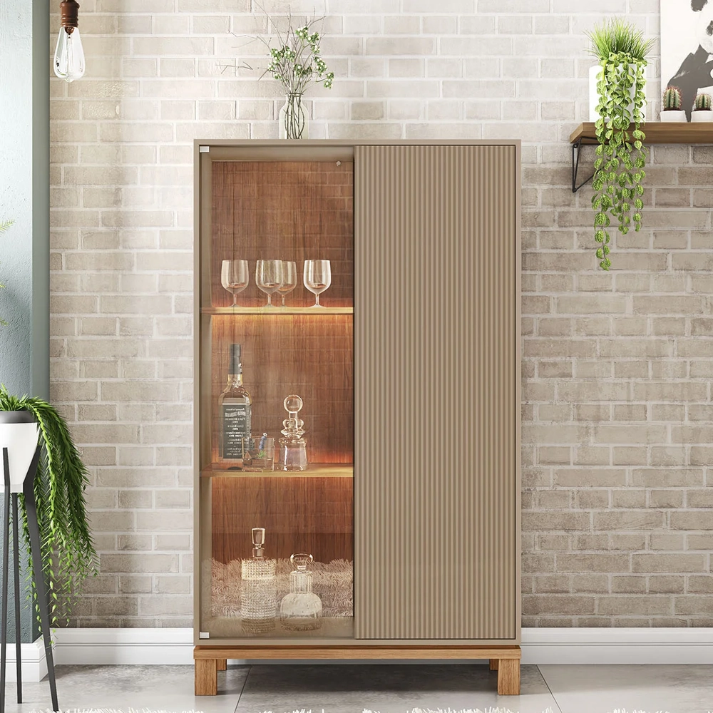 Cristaleira Porta de Vidro Com LED 90cm Lucca Areia/Freijó C01 - Mpozenato