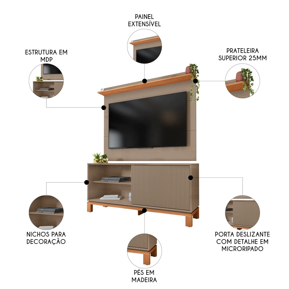 Painel Para TV 45 Pol e Rack Bancada 136cm Lucca Areia/Freijó C01 - Mpozenato