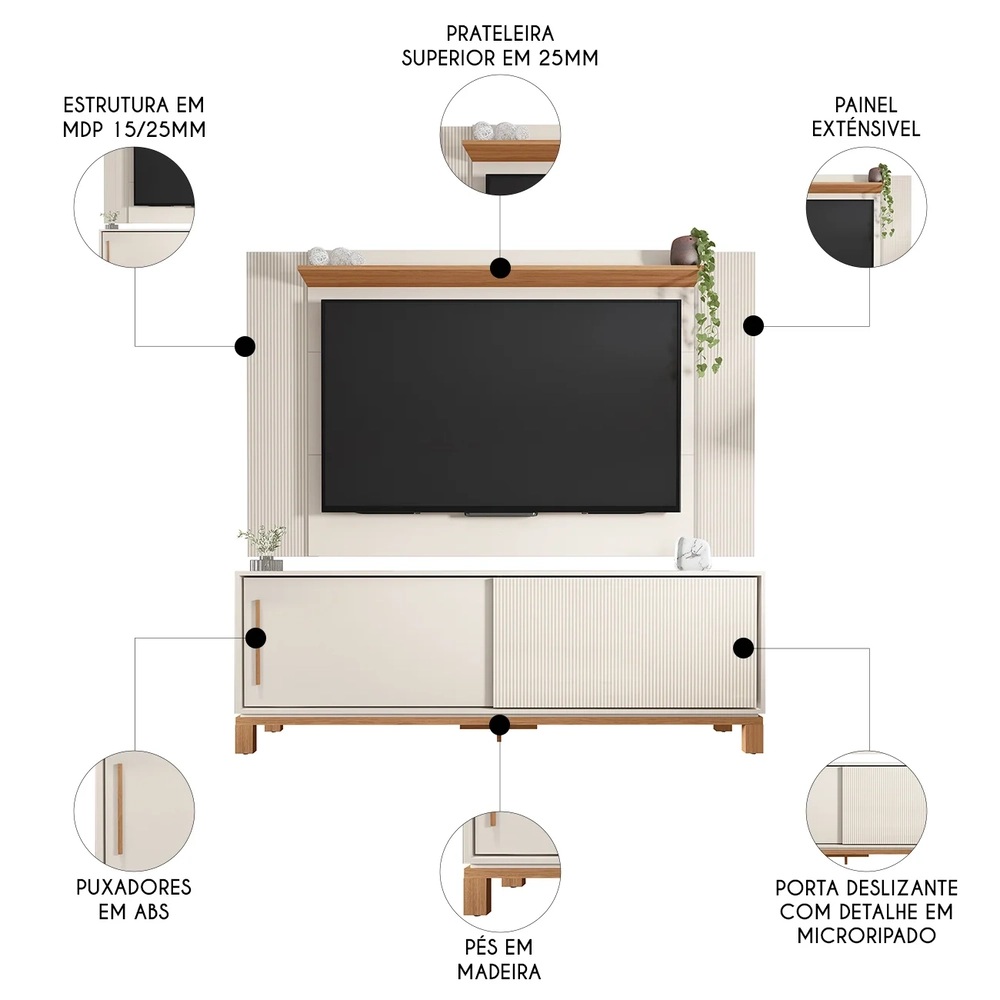 Painel Para TV 65 Pol e Rack Bancada 180cm Lucca Off/Freijó C01 - Mpozenato