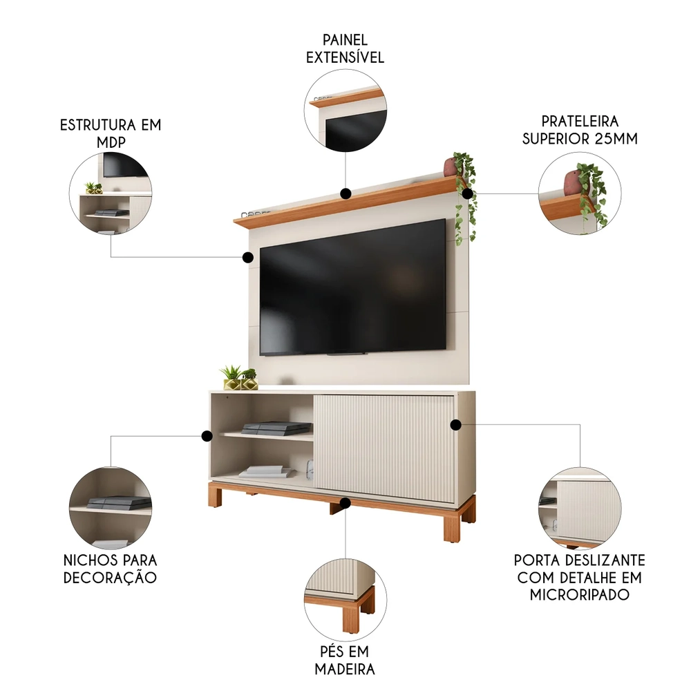 Painel Para TV 45 Pol e Rack Bancada 136cm Lucca Off/Freijó C01 - Mpozenato