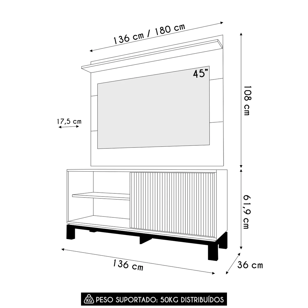 Painel Para TV 45 Pol e Rack Bancada 136cm Lucca Off/Freijó C01 - Mpozenato