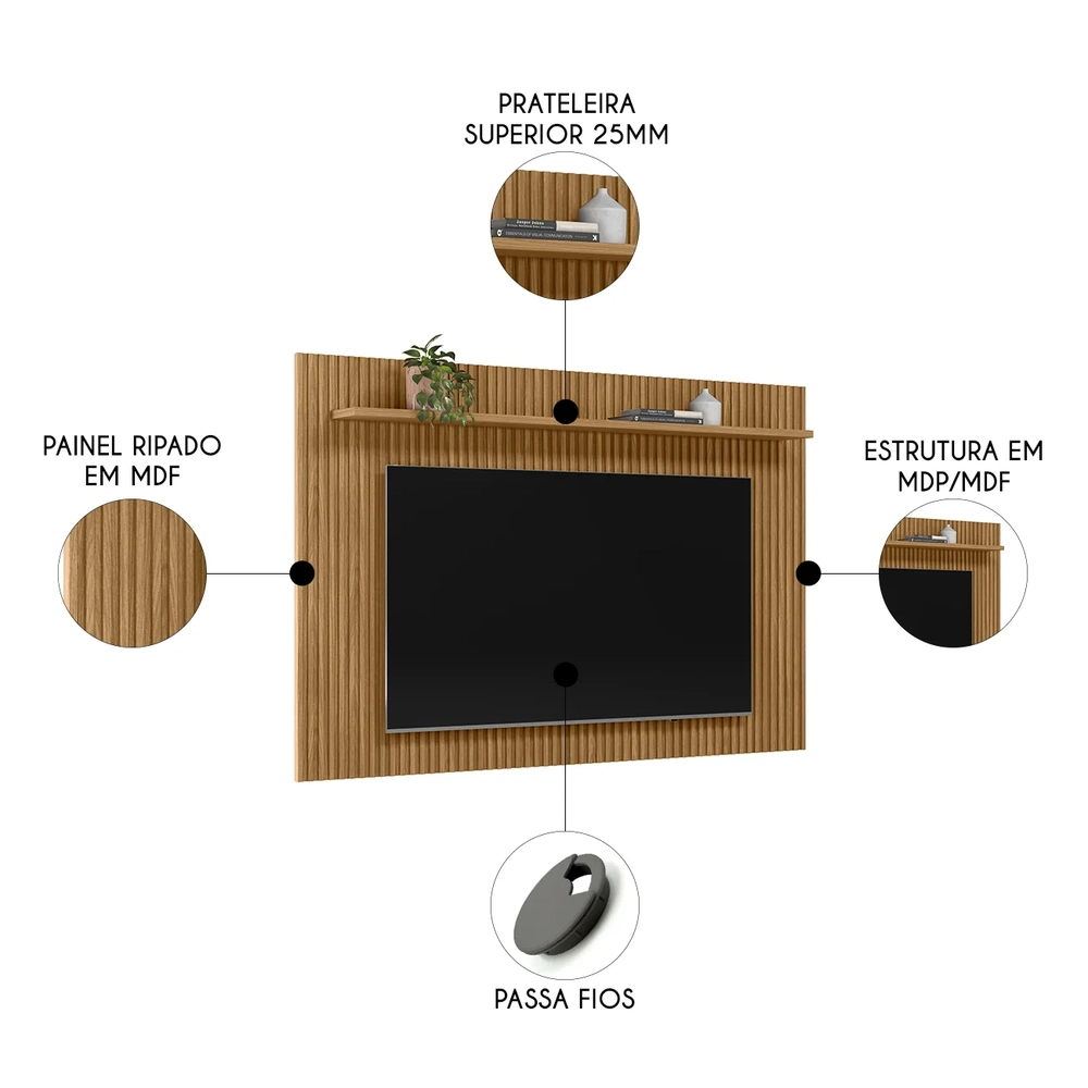 Painel TV 75 Pol 201cm Ripado com Prateleira Benty Nature L06 - Mpozenato