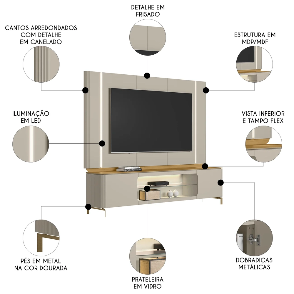 Painel TV 75 Pol e Rack 239cm com LED Martan Tauari/Off Flex L06 - Mpozenato