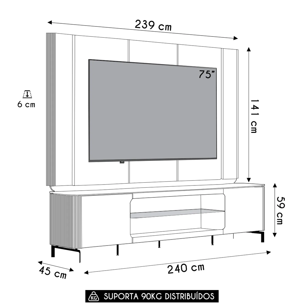 Painel TV 75 Pol e Rack 239cm com LED Martan Tauari/Off Flex L06 - Mpozenato