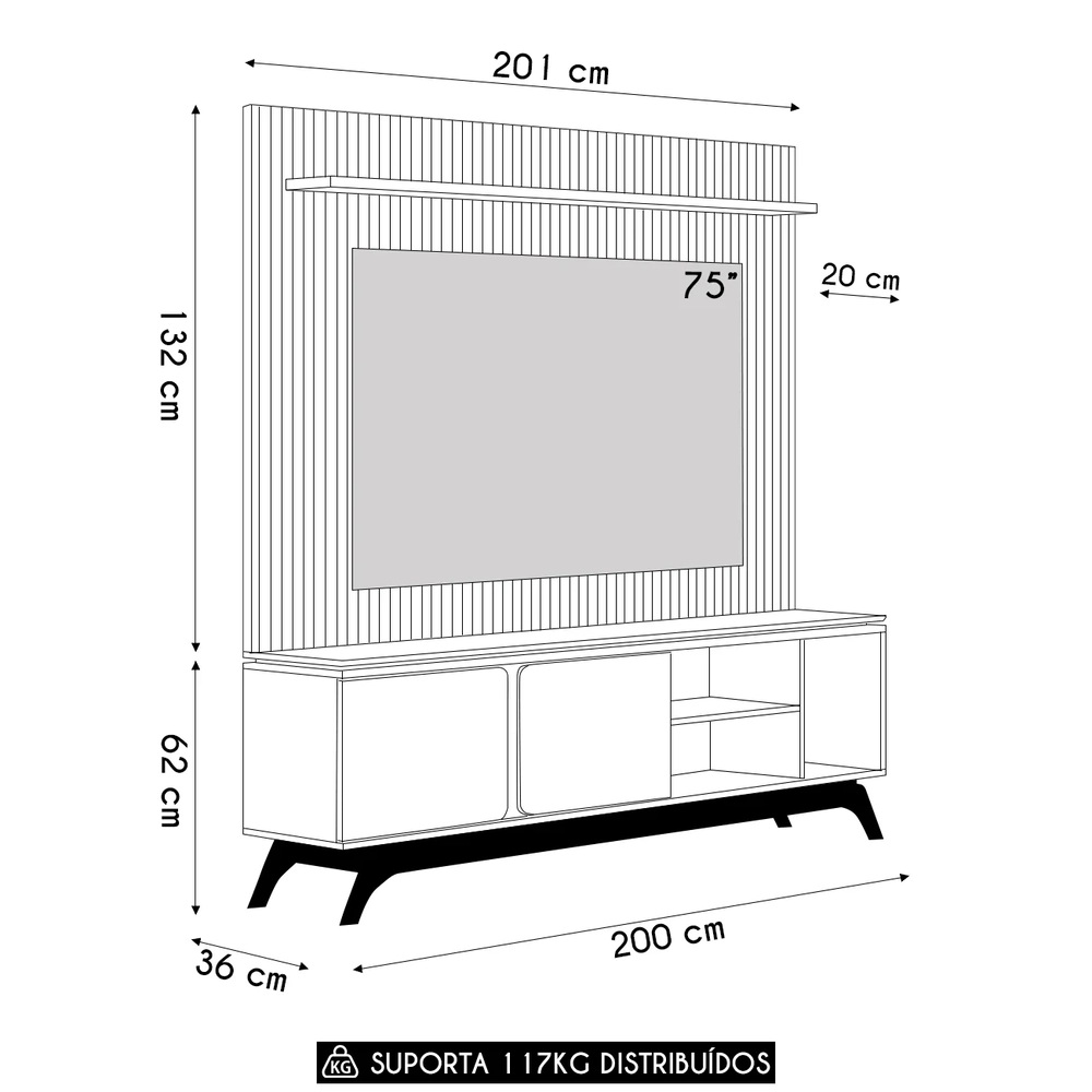 Painel TV 75 Pol Benty e Rack Bancada 200cm Nice Nature/Off L06 - Mpozenato