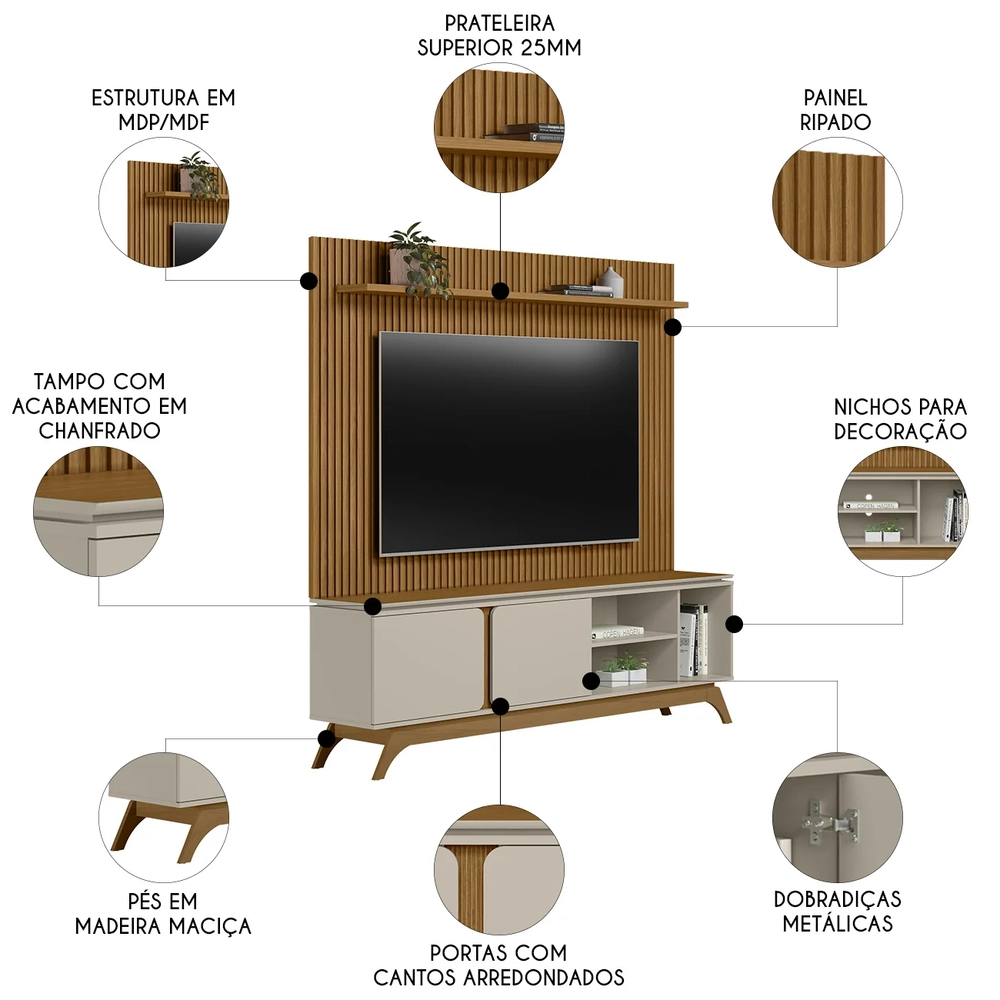 Painel TV 75 Pol Benty e Rack Bancada 200cm Nice Nature/Off L06 - Mpozenato