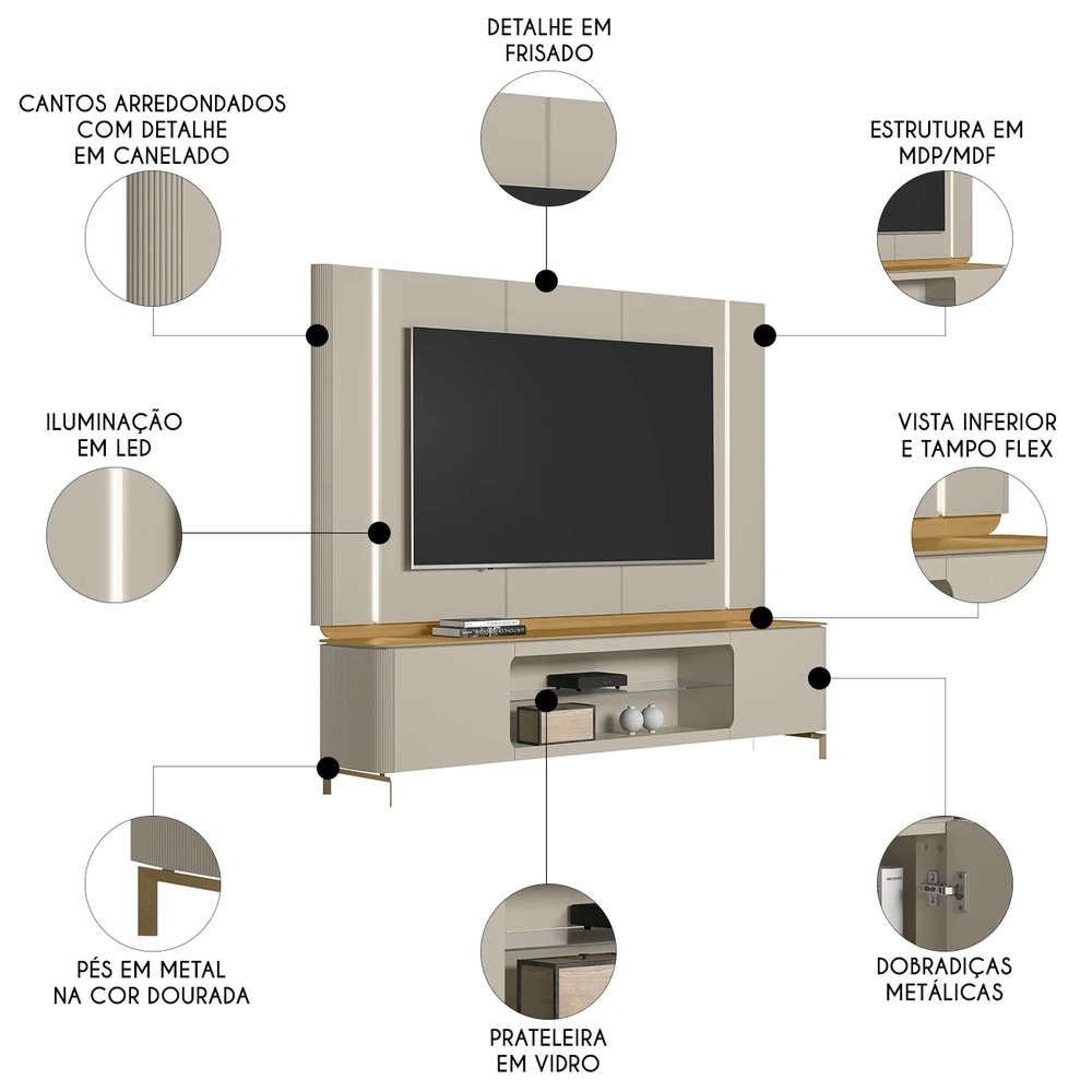 Painel TV 75 Pol e Rack Bancada 239cm Martan Tauari/Off Flex L06 - Mpozenato