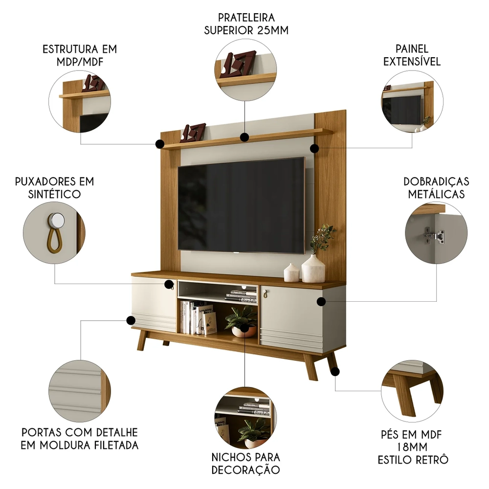 Painel TV 55 Pol Lana e Rack 180cm Color Nature/Off Flex L06 - Mpozenato