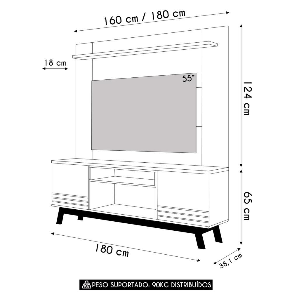 Painel TV 55 Pol Lana e Rack 180cm Color Nature/Off Flex L06 - Mpozenato