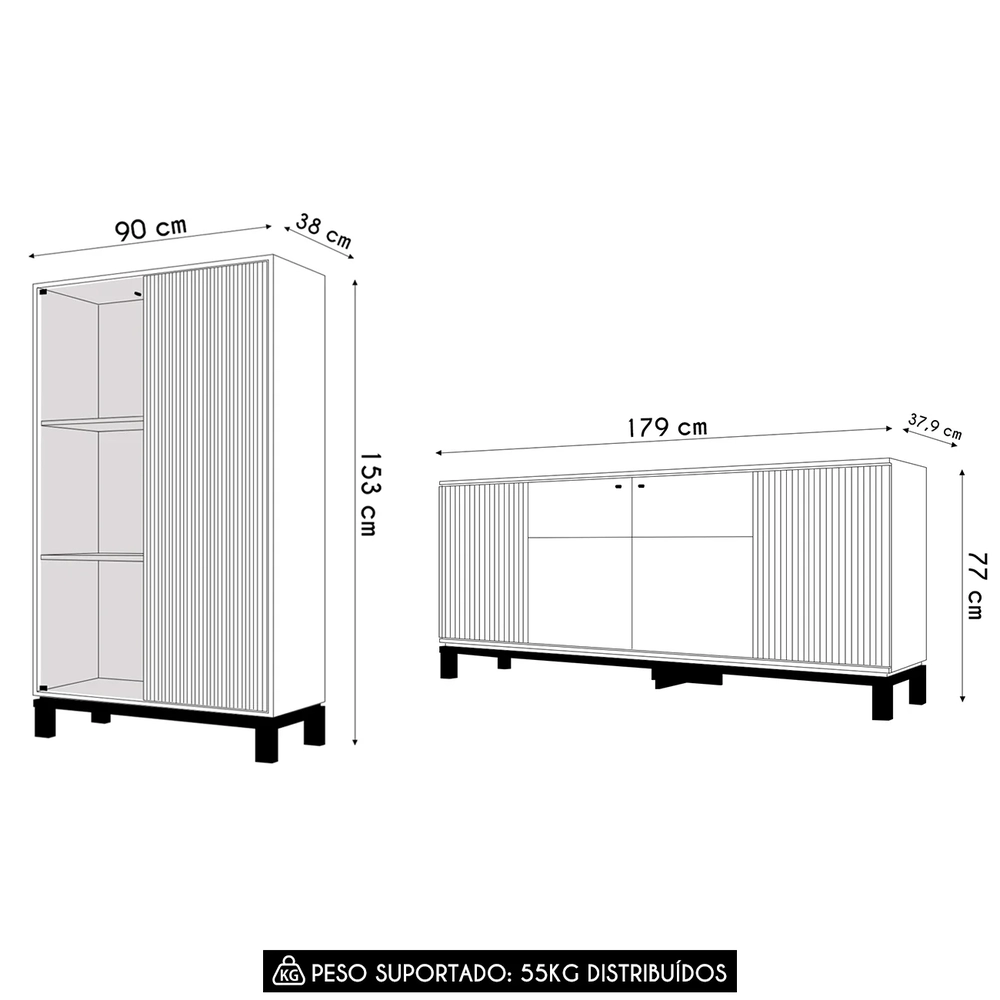 Buffet Aparador e Cristaleira com LED Lucca Off White/Freijó C01 - Mpozenato